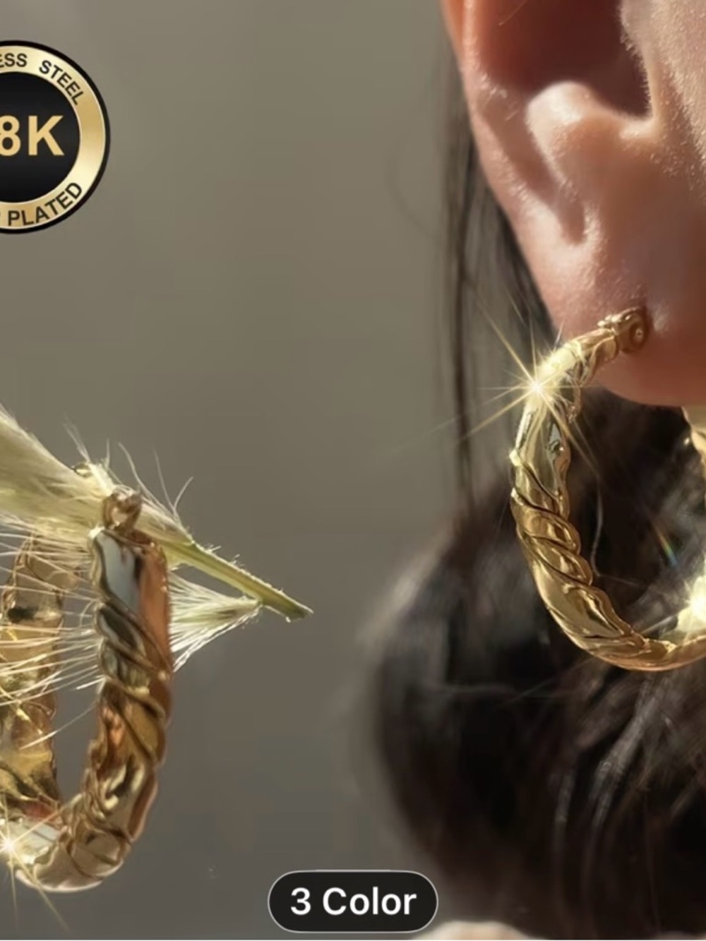 18K Gold-Plated Stainless Steel Twisted Hoop Earrings - Golden - Picture 6 of 9